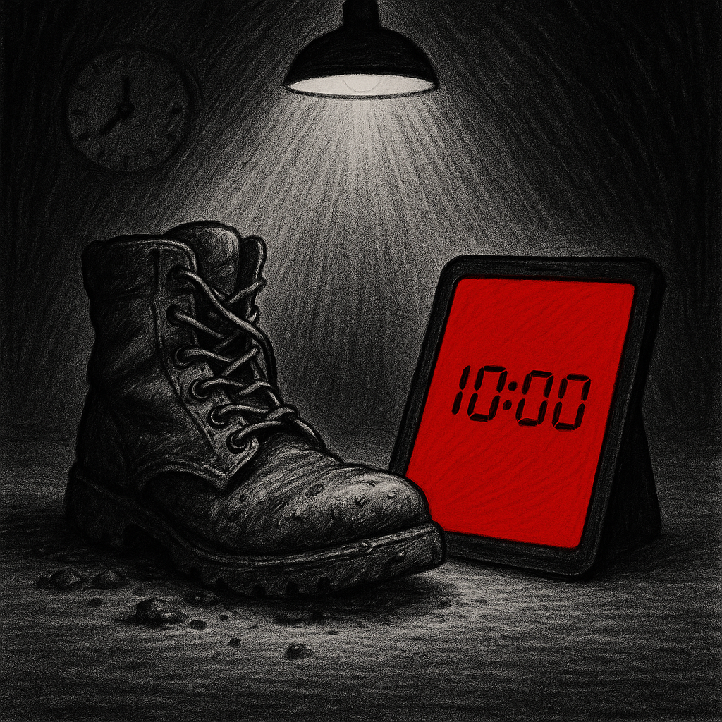 Zwart-wit illustratie van een modderige bouwlaars naast een fel rood tablet met digitale klok, onder een spotlight. Symbool voor de overgang van traditionele bouw naar de fabriek.