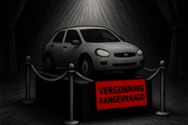 Auto op een sokkel onder theaterlicht met bord “Vergunning aangevraagd” – illustratie van De Rebellist over de absurditeit van het woningbouwsysteem