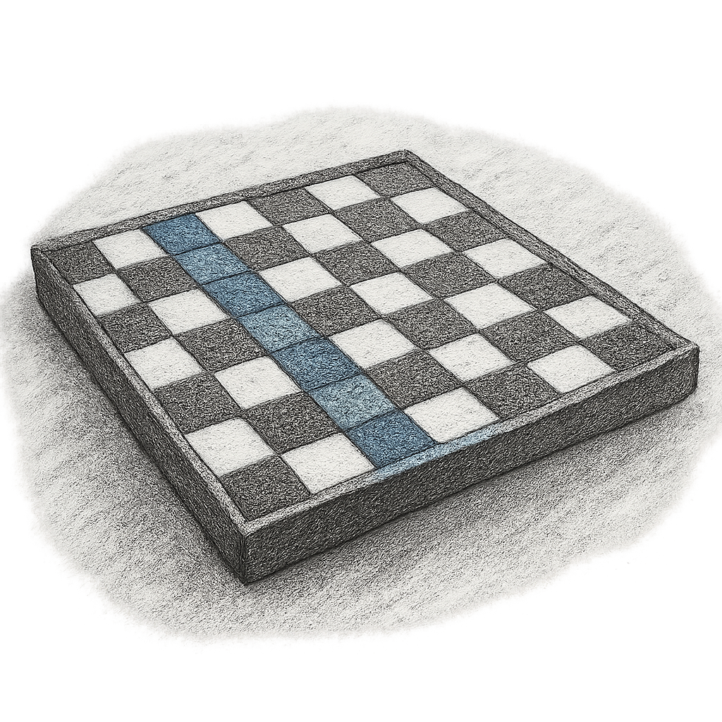 Houtskoolschets van een ruitjesvel in perspectief, symbool voor het grid als onzichtbaar raamwerk in architectuur