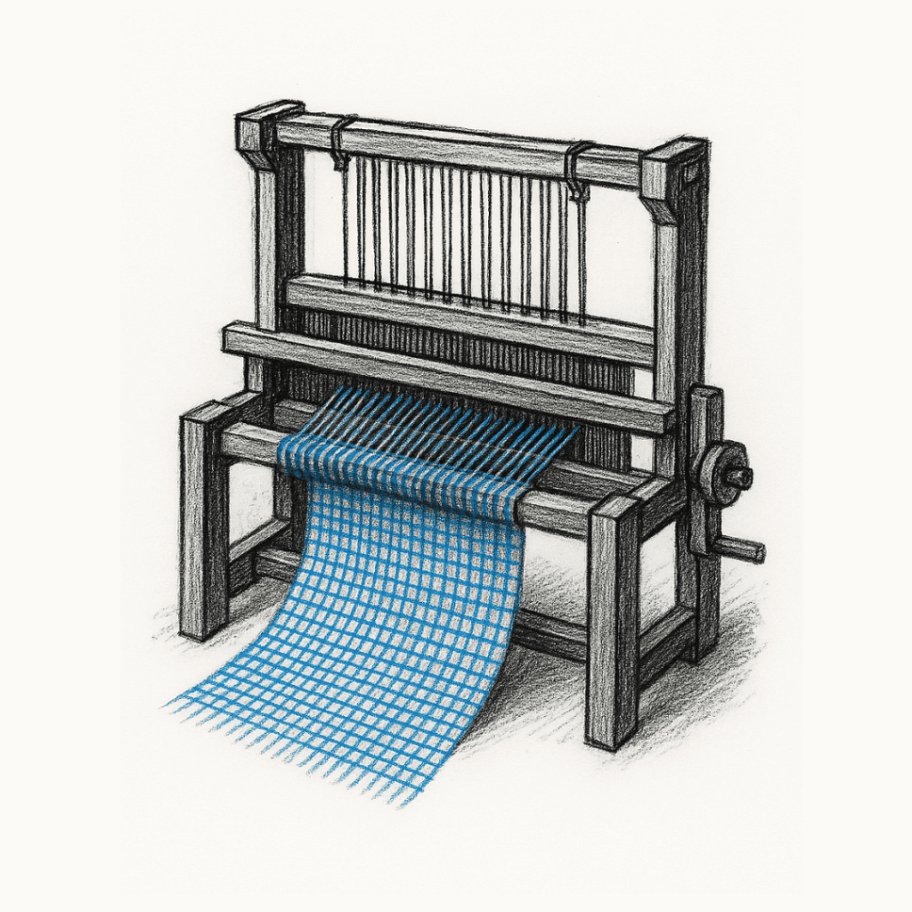 Illustratie van een weefgetouw dat een strak blauw raster weeft – als metafoor voor structuur in ontwerp.