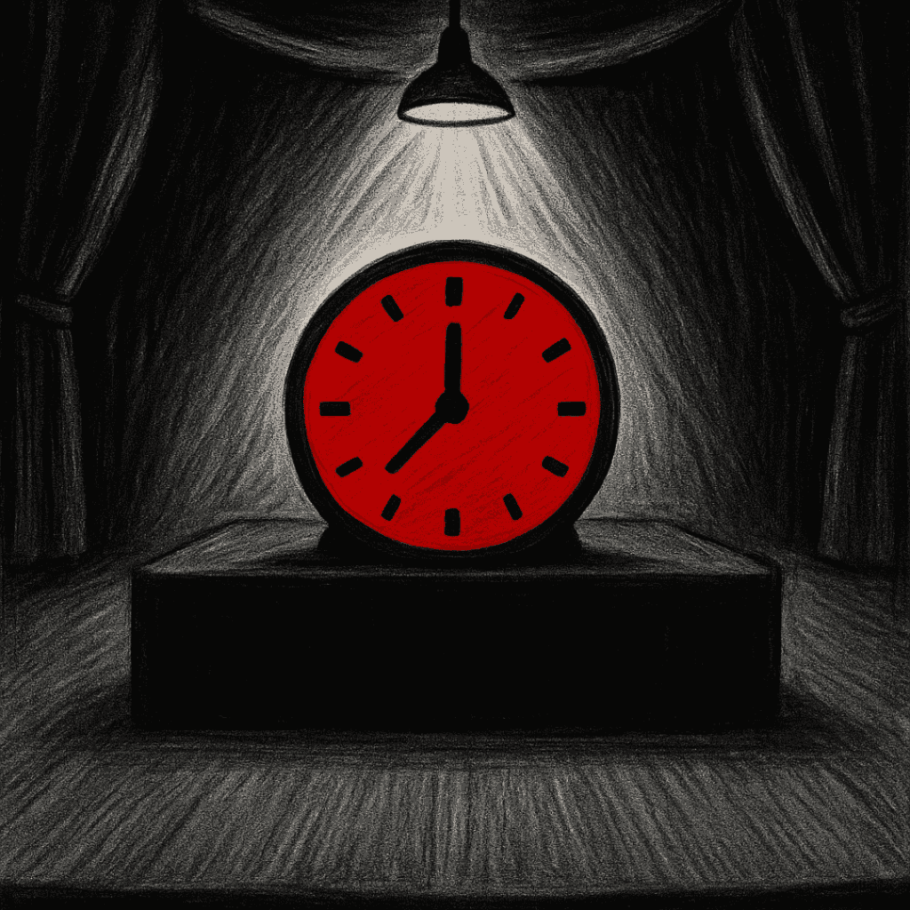 Rode klok onder een spotlicht, symbool voor urgentie. Afbeelding bij scène 5 van De Huisfabriek: Het uur van de waarheid.