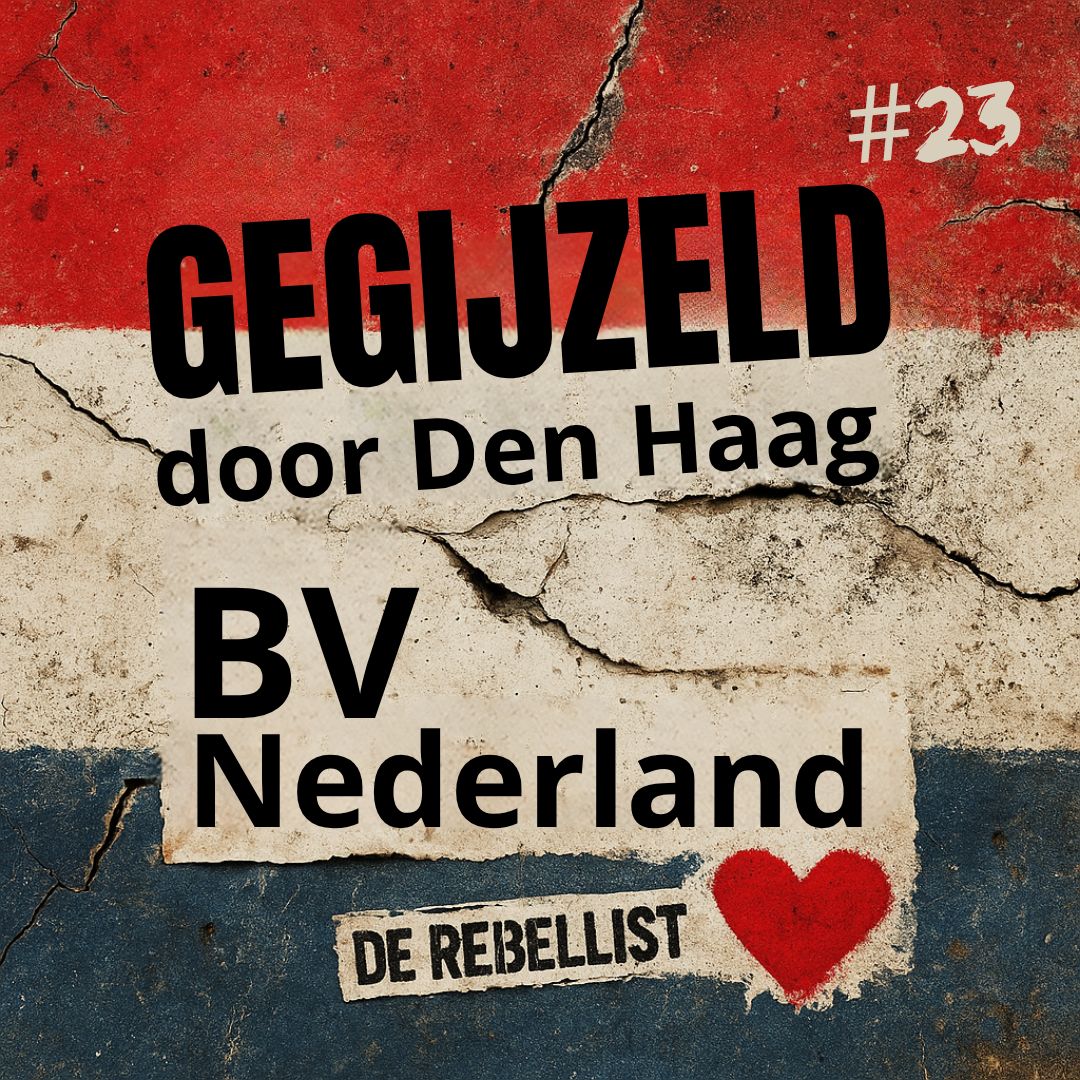 Kaft van aflevering #23 uit de serie BV Nederland. Een verweerde Nederlandse vlag met scheuren en de tekst “GEGIJZELD door Den Haag – BV Nederland”.