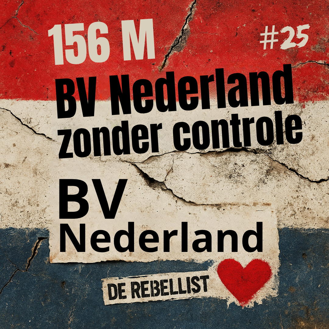 Versleten vlag van Nederland met de tekst ‘BV Nederland zonder controle’. Een land dat zichzelf bestuurt tot faillissement