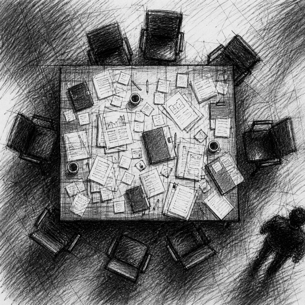 Schetsachtige zwart-witillustratie van een rommelige vergadertafel vol documenten, met lege stoelen eromheen, als beeld voor vastgelopen gesprekken en oordelen in projecten.