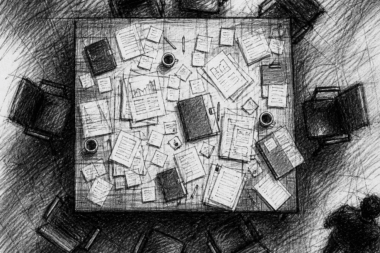 Schetsachtige zwart-witillustratie van een rommelige vergadertafel vol documenten, met lege stoelen eromheen, als beeld voor vastgelopen gesprekken en oordelen in projecten.