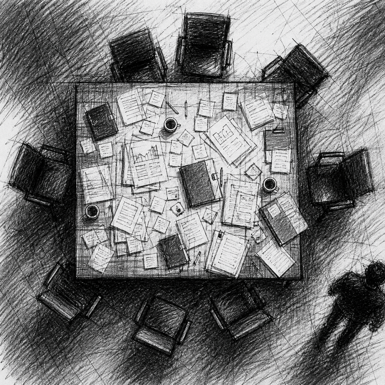 Schetsachtige zwart-witillustratie van een rommelige vergadertafel vol documenten, met lege stoelen eromheen, als beeld voor vastgelopen gesprekken en oordelen in projecten.